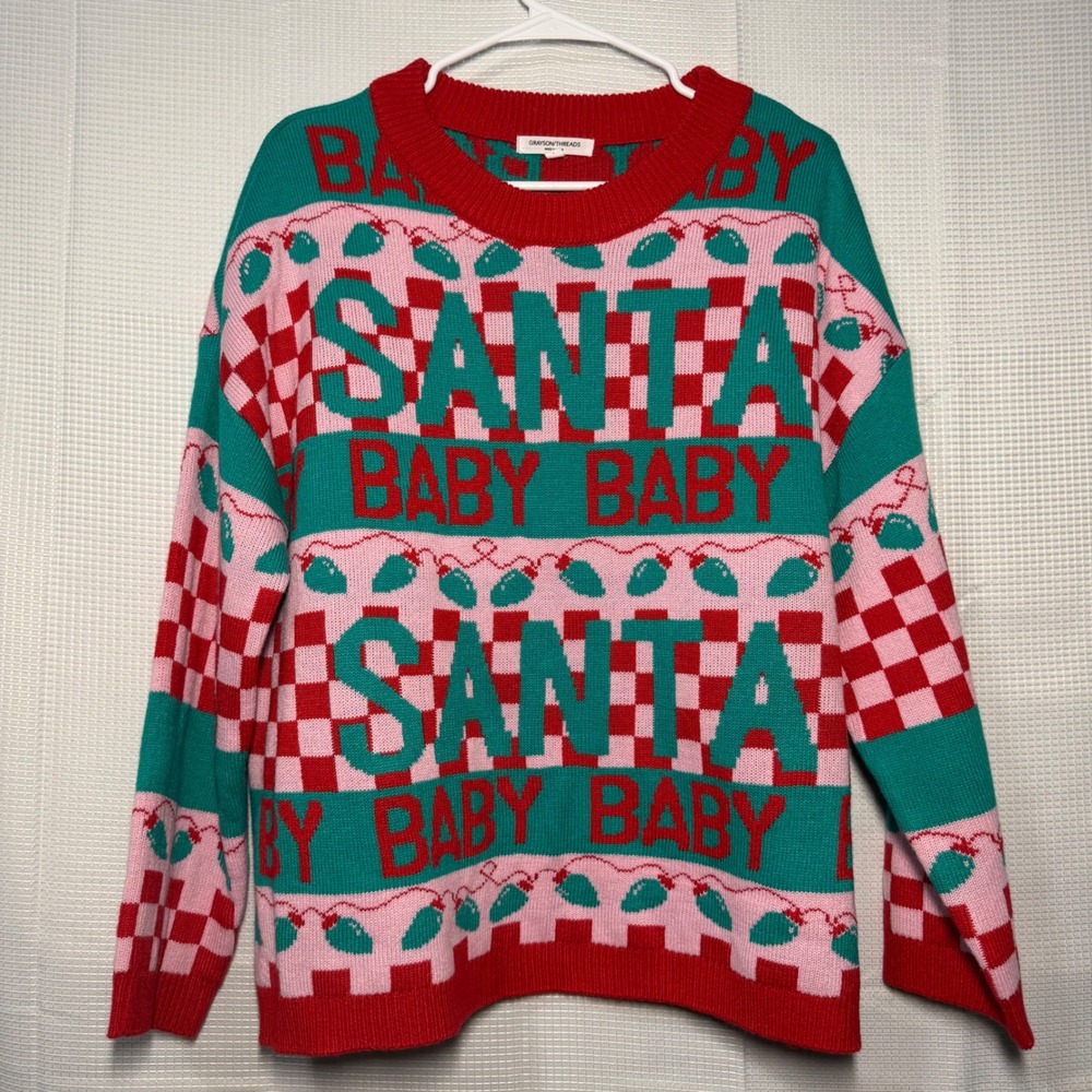Grayson Threads Santa Baby Sweater Large Red Pink‎ Green Ugly Christmas Knit